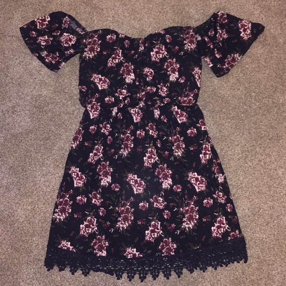 Black and maroon floral off the shoulder dress